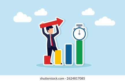 Businessman Holding Arrow Behind Chart with Stopwatch on Top Illustration of Business Performance Deadline