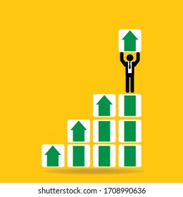 Businessman holding arrow box stand on green square on yellow blackground : successful concept vector