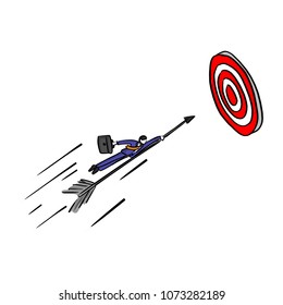 businessman holding arrow going to the target vector illustration sketch hand drawn with black lines isolated on white background