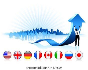 Businessman holding arrow with internet flag buttons Original Vector Illustration