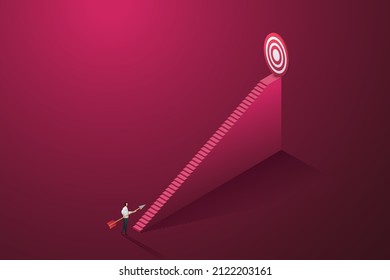 Businessman holding an arrow looking at the stairs leading up to his goal. Goal setting Growing Journey to Business and Career Success.  isometric vector illustration.