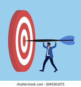 Businessman holding arrow to target in flat design. Target marketing. Achieve goal. Business strategy. Work planning. 