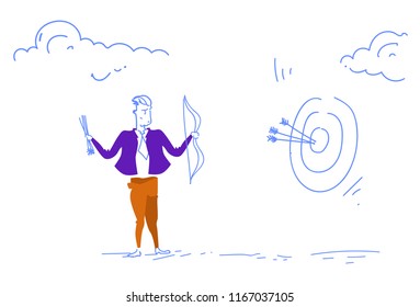 businessman holding arrow target goal business strategy success concept man team leader sketch doodle horizontal vector illustration