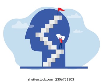 Businessman holding arrow walk up the stairs to vision and opportunities on head human for target further Growth mindset concept vector illustrator