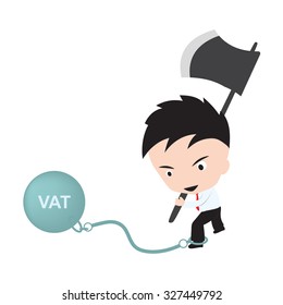 Businessman holding axe and aiming to cut the chain with wording "VAT", reduce costing concept