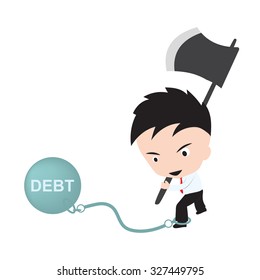 Businessman holding axe and aiming to cut the chain with wording "DEBT", reduce costing concept