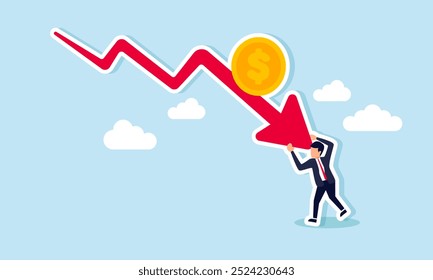 A businessman holding back a red arrow with a dollar coin, illustrating the saturation point of dollar valuation or efforts to prevent the dollar trend from becoming too negative.