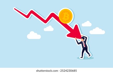 A businessman holding back a red arrow with a bitcoin, illustrating the saturation point of bitcoin valuation or efforts to prevent the bitcoin trend from becoming too negative.