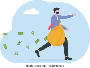 Businessman holding bag money losing investment. Lose money from investment mistake ,unknown cost drain out money concept vector illustrator

