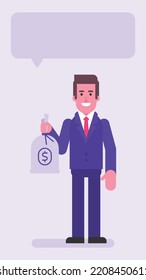 Businessman holding bag with money and smiles. Flat people. Vector illustration