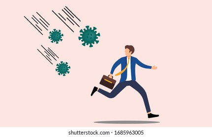 Businessman holding bag running away from COVID-19 Coronavirus pathogen,stock market  sell from novel corona virus, risk off or investor sell all their assets concept,