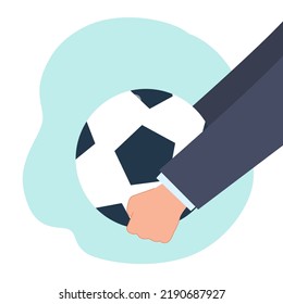 Businessman holding ball flat vector illustration. Football or soccer ball in human hands. Game, sport, competition, leadership concept for banner, website design or landing web page