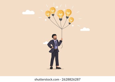 Businessman Holding Balloons of Bright Ideas: Man in Suit Holding Strings Attached to Glowing Light Bulbs, Symbolizing Innovation and Potential.