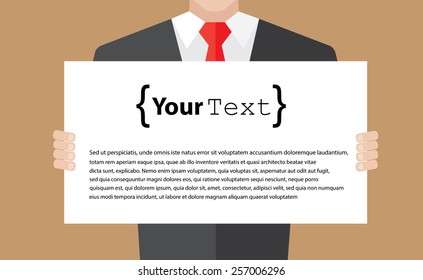 Businessman holding banner for your text. Flat style
