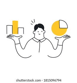 Businessman holding bar and pie chart. Financial report, marketing, analytics, statistics, research data, business analysis. Flat cute outline cartoon isolated vector illustration on white