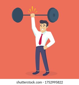 Businessman holding a barbell with one hand, the concept of achievements in business-vector illustration. strong businessman.