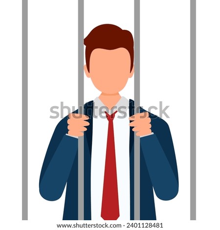Businessman holding bars in prison, behind bars, or in jail in flat design.