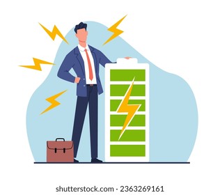 Businessman holding battery with full charge. Successful happy man, productive and efficiency employee. Energetic worker. Cartoon flat illustration. Vector aspiration or enthusiastic concept