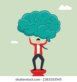Businessman holding big brain, self improvement, personal development or growth mindset, extra ordinary man, learning new skills or knowledge concept