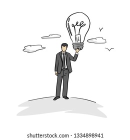 businessman holding big bulb vector illustration with black lines isolated on white background. Business idea concept.