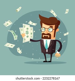 Businessman holding a big dollar note money, gaining losing money concet for a good bad investment, financial crisis, bankruptcy, inflation and recession, concept vector illustration