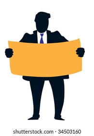 Businessman holding a big empty orange poster.