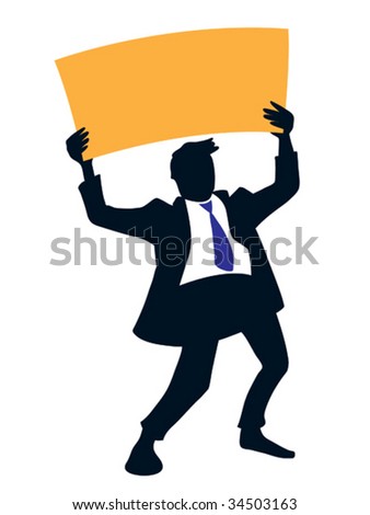 Businessman holding a big empty orange poster.