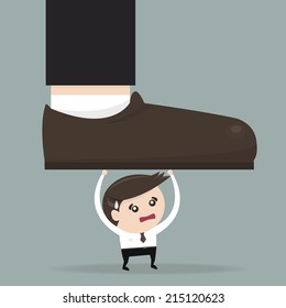 Businessman holding big businessman foot, flat design, vector