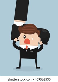 Businessman holding big businessman foot, flat design, vector