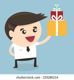 Businessman holding a big gift box Christmas present, flat design, vector