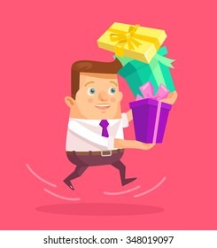 Businessman holding big gift boxes. Vector flat illustration