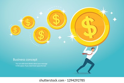 Businessman Holding Big Gold Coin. Business Concept Vector Illustration