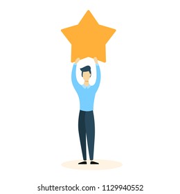 Businessman holding a big golden star. Winner becoming a reward, a metaphor for success. Isolated vector illustration