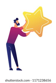 Businessman holding a big golden star vector illustration. Winner get reward, successful achievement, leadership and rating, championship prize and motivation concept. Isolated on white background.