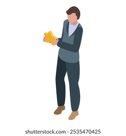 Businessman is holding a big golden star, representing positive feedback and high rating