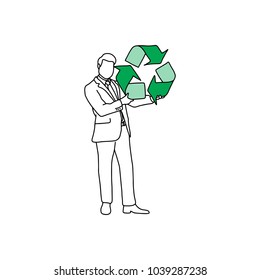 Businessman holding big green recycle sign vector illustration sketch hand drawn with black lines, isolated on white background. Ecology concept.