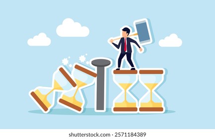 A businessman holding a big hammer stands on an hourglass after driving a nail into the ground to protect other hourglasses, illustration of efforts to work efficiently