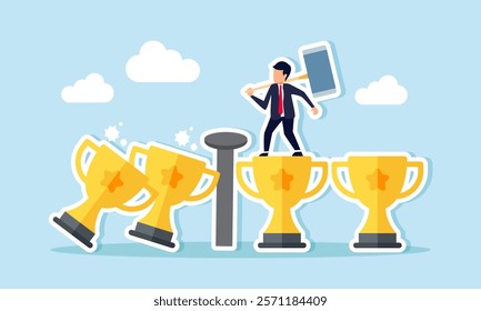 A businessman holding a big hammer stands on a trophy after driving a nail into the ground to protect other trophies, illustration of efforts to maintain business quality and achievements