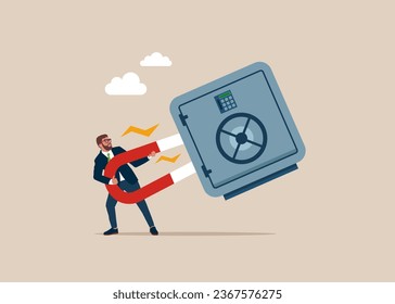 Businessman holding big horseshoe magnet attracting safe deposit box. 