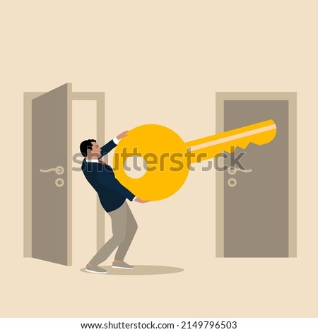 Businessman holding big key between an open door and a closed. Business and management. Way to success. Taking chances.
