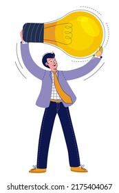 Businessman Holding Big Lightbulb Idea. Big New Idea, Creativity And Innovation To Change Or Invent New Product, Solution To Solve Problem. Vector Illustration