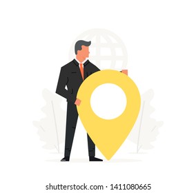 Businessman holding a big map pointer. Concept of navigation, office location, delivery. Vector illustration flat design. Successful location.