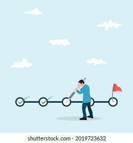 Businessman holding big pen to check completed tasks in project management timeline. Project tracking, goal tracker, task completion or checklist to remind project progress concept.