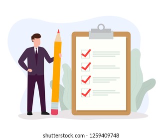 Businessman holding big pencil looking at completed checklist on clipboard. Successful completion of business tasks and goals achievements. Vector illustration EPS 10.