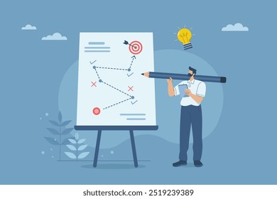 Businessman holding a big pencil planning strategy on a whiteboard, Business strategic planning towards success or goal, Competitor analysis and overcoming marketing obstacles, Business success.

