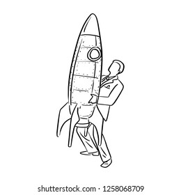 businessman holding big rocket vector illustration sketch doodle hand drawn with black lines isolated on white background. Startup business concept.