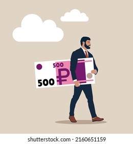 Businessman Holding Big Ruble Banknote In His Hand. Big Ruble Bill. Business Man And Money. Banker Carry Ruble Vector Icon For Web Design Isolated.