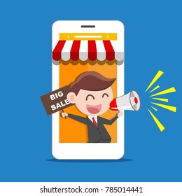 Businessman holding big sale sign and megaphone. online shop concept illustration