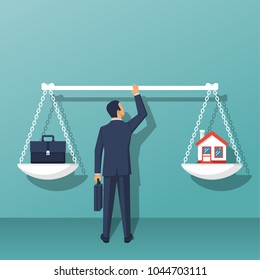 Businessman is holding big scale. Choosing job or house. Life and home. Vector illustration flat design. Isolated on background.