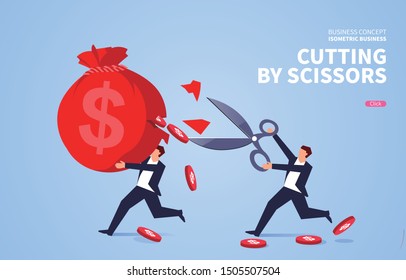 Businessman Holding Big Scissors To Cut A Colleague's Money Bag